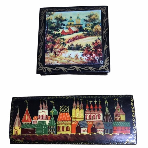 Vintage Russian Lacquer Hand Painted Fairy Tale Hinged Trinket Box Lot of 2 - Picture 1 of 8